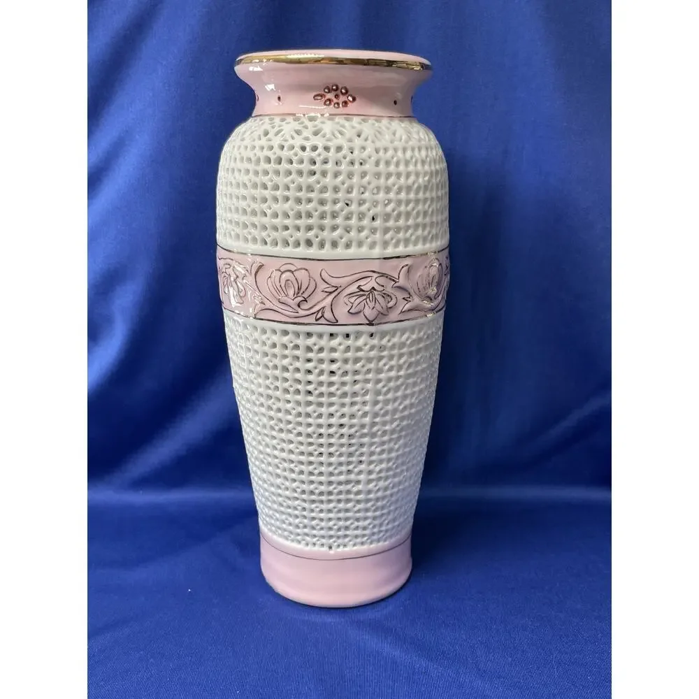 Unique Open Weave Pink and White Vase with Gold Trim
